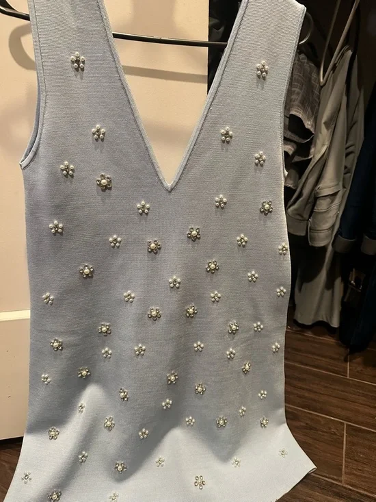Zara Light Blue Embellished V-Neck Mini Dress - Picture 3 of 6